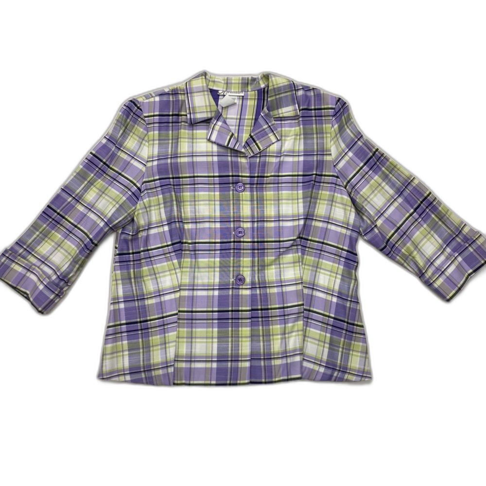 Dress Barn Blazer SZ L Purple Green 3/4 Sleeves Plaid Office Wear Vintage Light